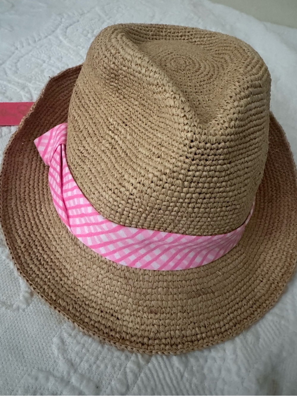 LILLY PULITZER- Poolside Straw Fedora with Pink Checked Band